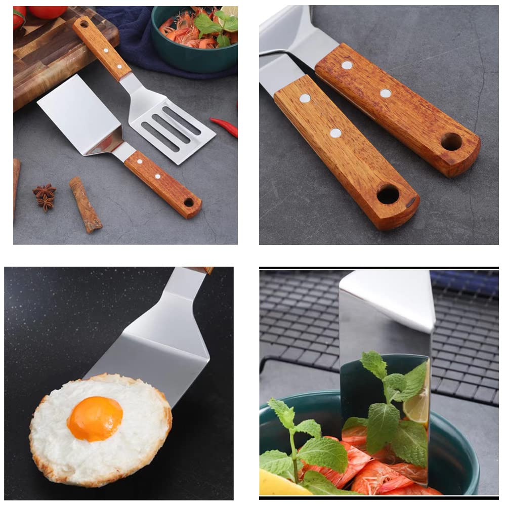 KLAQQED 2 PCS Metal Spatula for Cast Iron Skillet, Stainless Steel Grill Spatula Slotted Spatula Turner Fish Spatula with Wood Handle, Flat Top Grill Spatula, Griddle Metal Spatulas for Cooking BBQ - CookCave