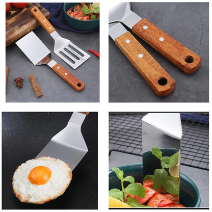 KLAQQED 2 PCS Metal Spatula for Cast Iron Skillet, Stainless Steel Grill Spatula Slotted Spatula Turner Fish Spatula with Wood Handle, Flat Top Grill Spatula, Griddle Metal Spatulas for Cooking BBQ - CookCave