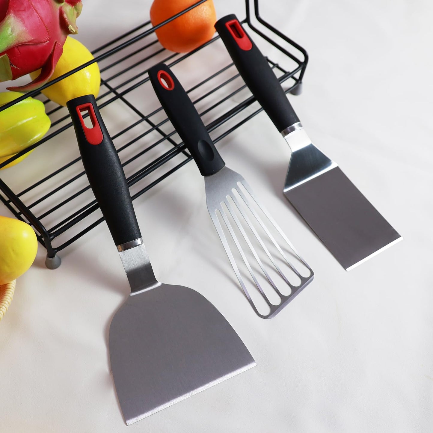 KLAQQED Stainless Steel Spatula Set - Cast Iron Skillet Spatula with Silicone Handle, Turner Flipper for Pancake, Burger, Egg Cooking & BBQ Grill - CookCave