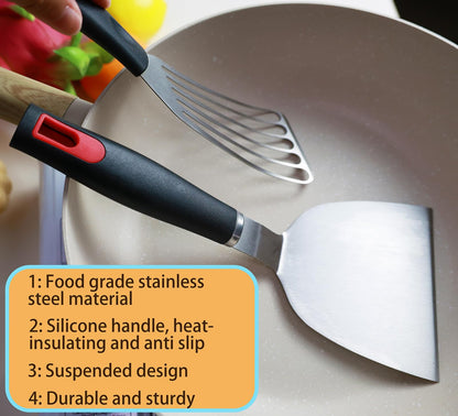 KLAQQED Stainless Steel Spatula Set - Cast Iron Skillet Spatula with Silicone Handle, Turner Flipper for Pancake, Burger, Egg Cooking & BBQ Grill - CookCave