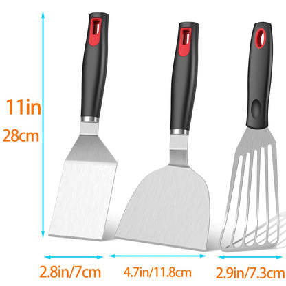 KLAQQED Stainless Steel Spatula Set - Cast Iron Skillet Spatula with Silicone Handle, Turner Flipper for Pancake, Burger, Egg Cooking & BBQ Grill - CookCave
