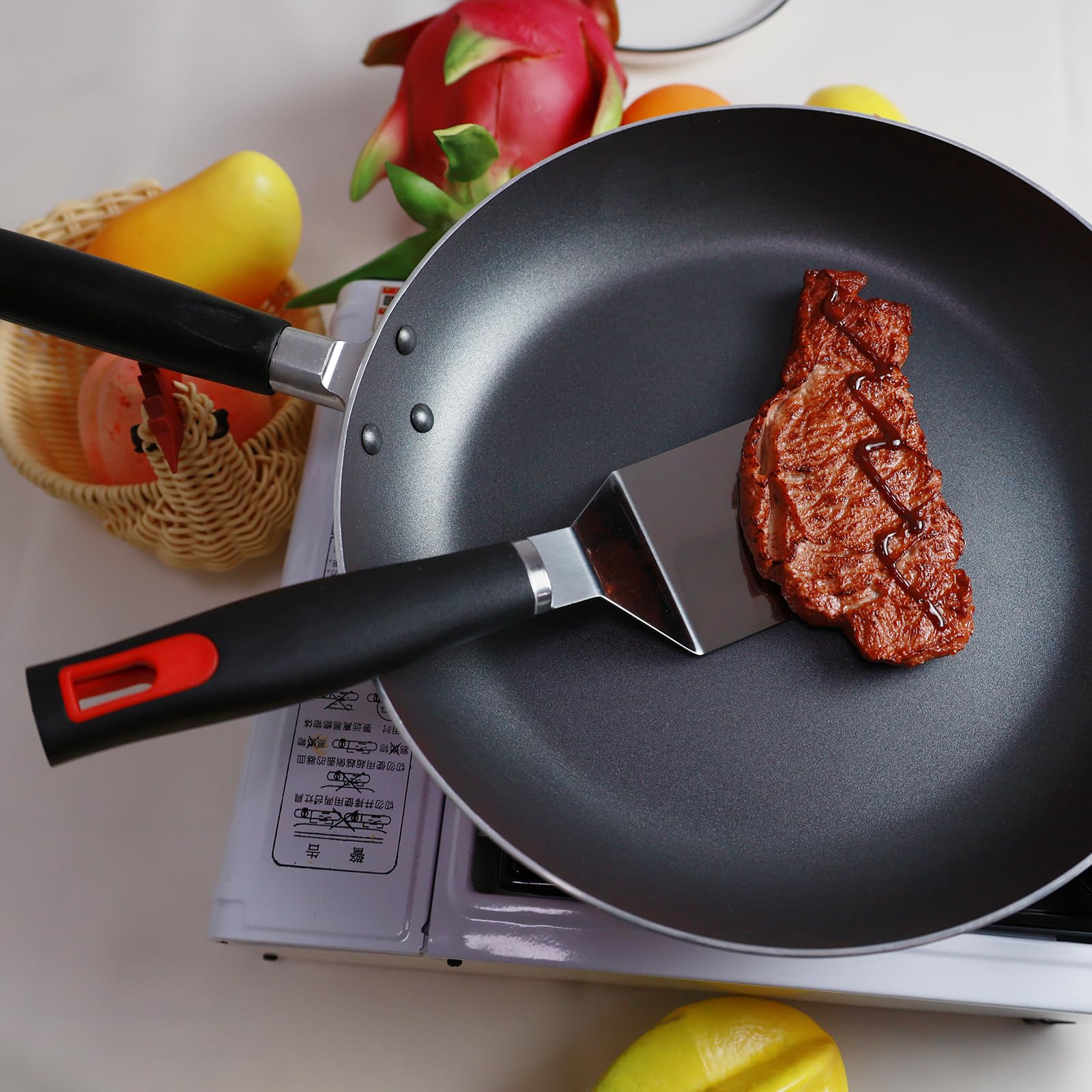 KLAQQED Stainless Steel Spatula Set - Cast Iron Skillet Spatula with Silicone Handle, Turner Flipper for Pancake, Burger, Egg Cooking & BBQ Grill - CookCave