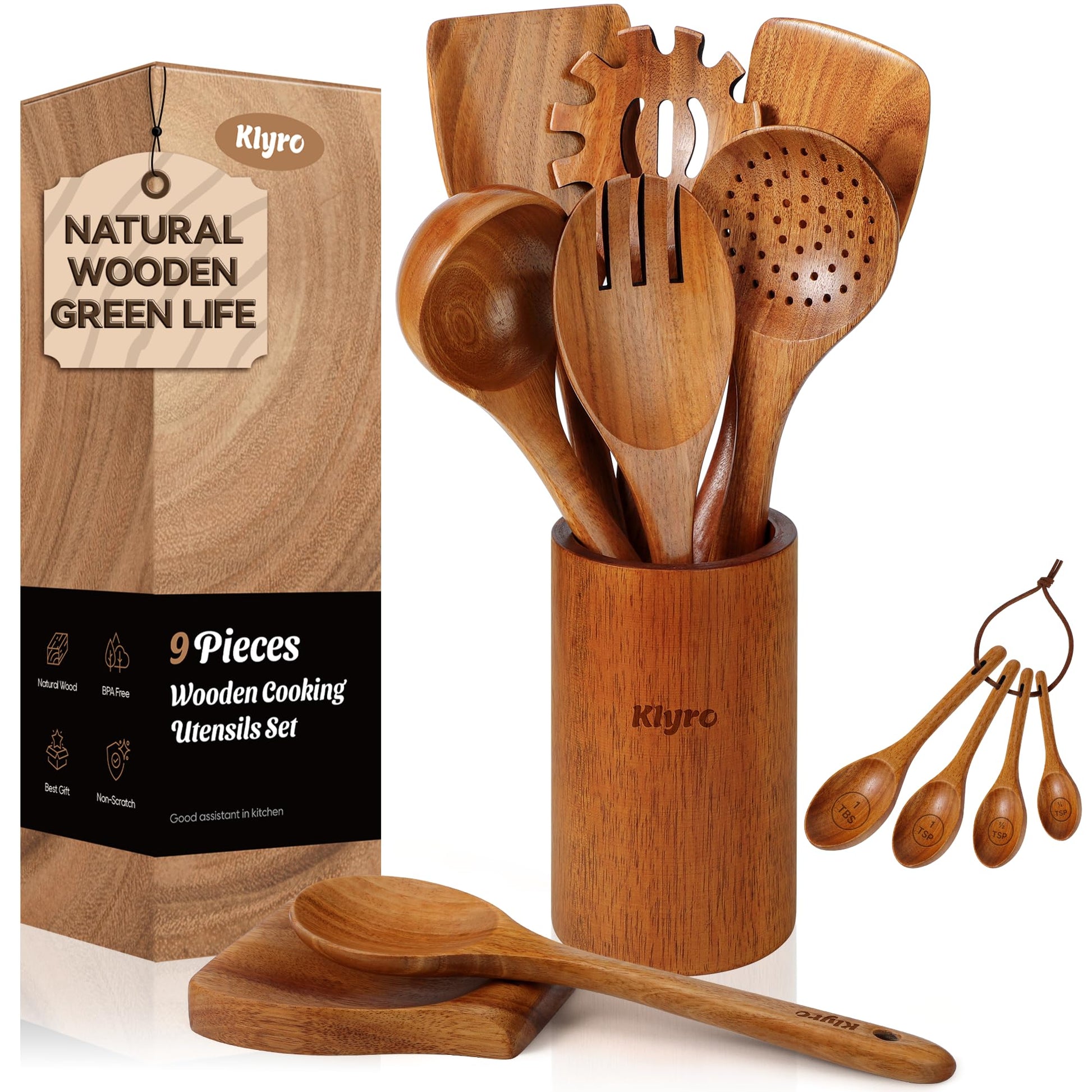 KLYRO Wooden Spoons for Cooking, Nonstick Kitchen Utensils Set with 4 Piece Measuring Spoons, Comfort Grip Wooden Spatula Set, 9 Piece Teak Wooden Cooking Utensils with Holder and Spoon Rest - CookCave