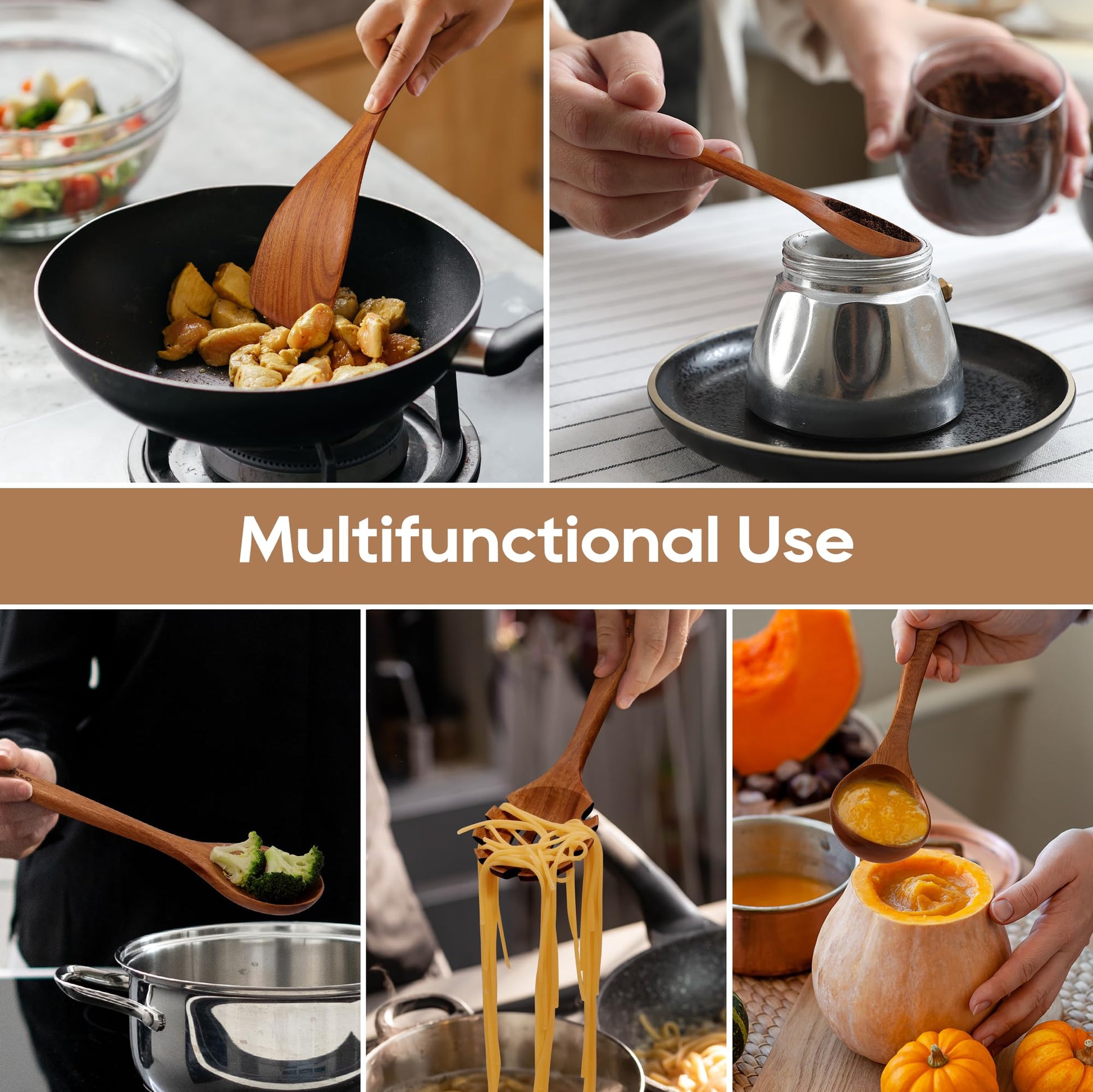 KLYRO Wooden Spoons for Cooking, Nonstick Kitchen Utensils Set with 4 Piece Measuring Spoons, Comfort Grip Wooden Spatula Set, 9 Piece Teak Wooden Cooking Utensils with Holder and Spoon Rest - CookCave