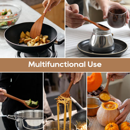 KLYRO Wooden Spoons for Cooking, Nonstick Kitchen Utensils Set with 4 Piece Measuring Spoons, Comfort Grip Wooden Spatula Set, 9 Piece Teak Wooden Cooking Utensils with Holder and Spoon Rest - CookCave