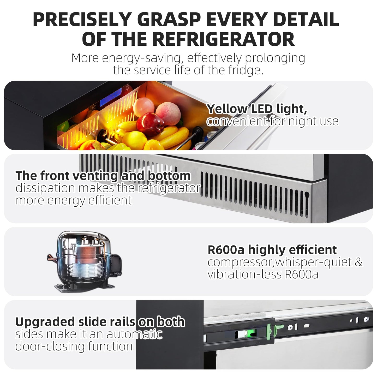 KOKEBREN 24 inch Undercounter Refrigerator, 5.12 Cu.Ft Outdoor Fridge for Patio, Wine and Beverage Refrigerator, Drawer Refrigerator Under Counter Fridge Ideal for Home and Commercial - CookCave