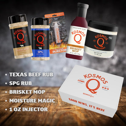 Kosmos Q Father's Day Pitmaster BBQ Brisket- 5 pc Set - Texas Beef Rub, SPG Rub, Brisket Mop, Moisture Magic, 1oz Injector - CookCave