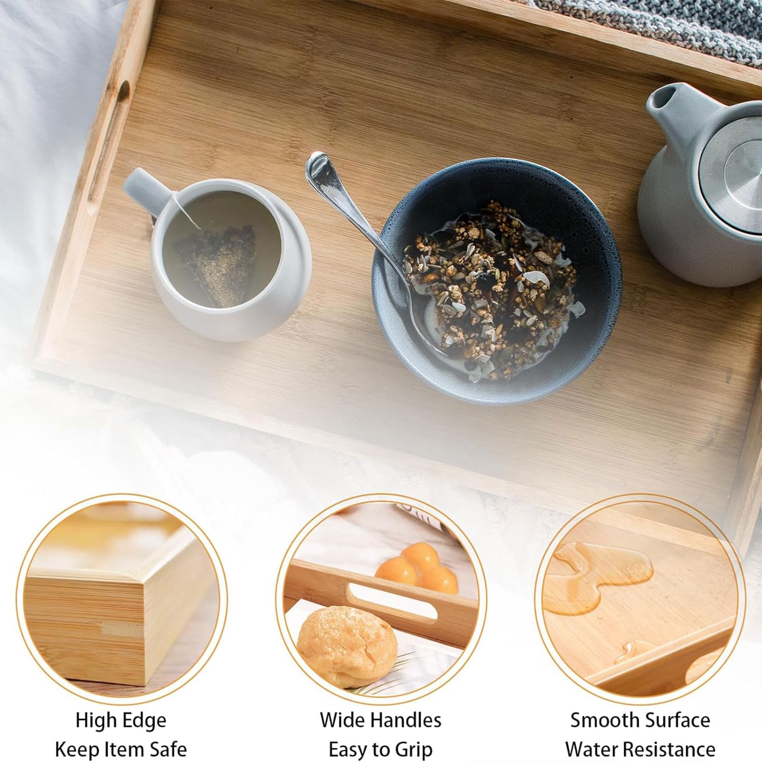 Krimax Serving Tray with Handles, Bamboo Breakfast Tray Wooden Trays Decorative Serving Platter for Eating, Working, Storing, Used in Bedroom, Kitchen, Living Room, Bathroom, Hospital and Outdoors - CookCave