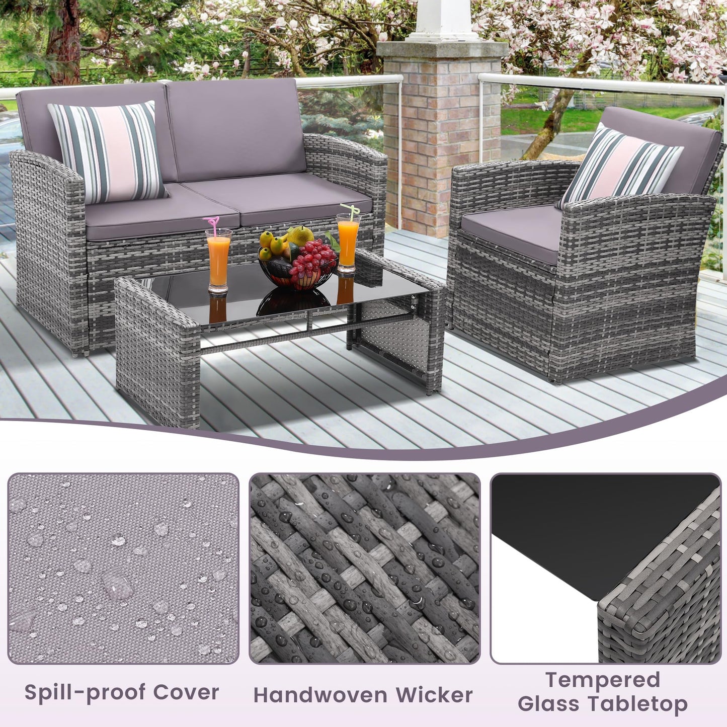 KROFEM 4 Pieces Patio Conversation Set, Outside Rattan Sectional Sofa, Cushioned Furniture Set, Wicker Sofa Ideal for Garden, Porch, Backyard, Grey Color Rattan and Light Grey Cushion - CookCave