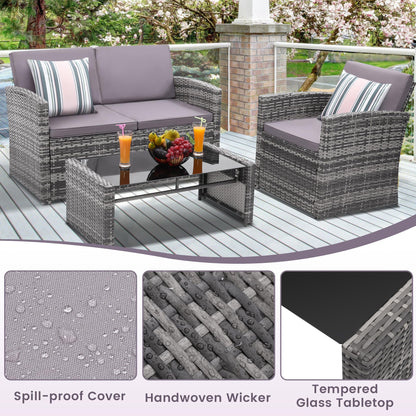 KROFEM 4 Pieces Patio Conversation Set, Outside Rattan Sectional Sofa, Cushioned Furniture Set, Wicker Sofa Ideal for Garden, Porch, Backyard, Grey Color Rattan and Light Grey Cushion - CookCave