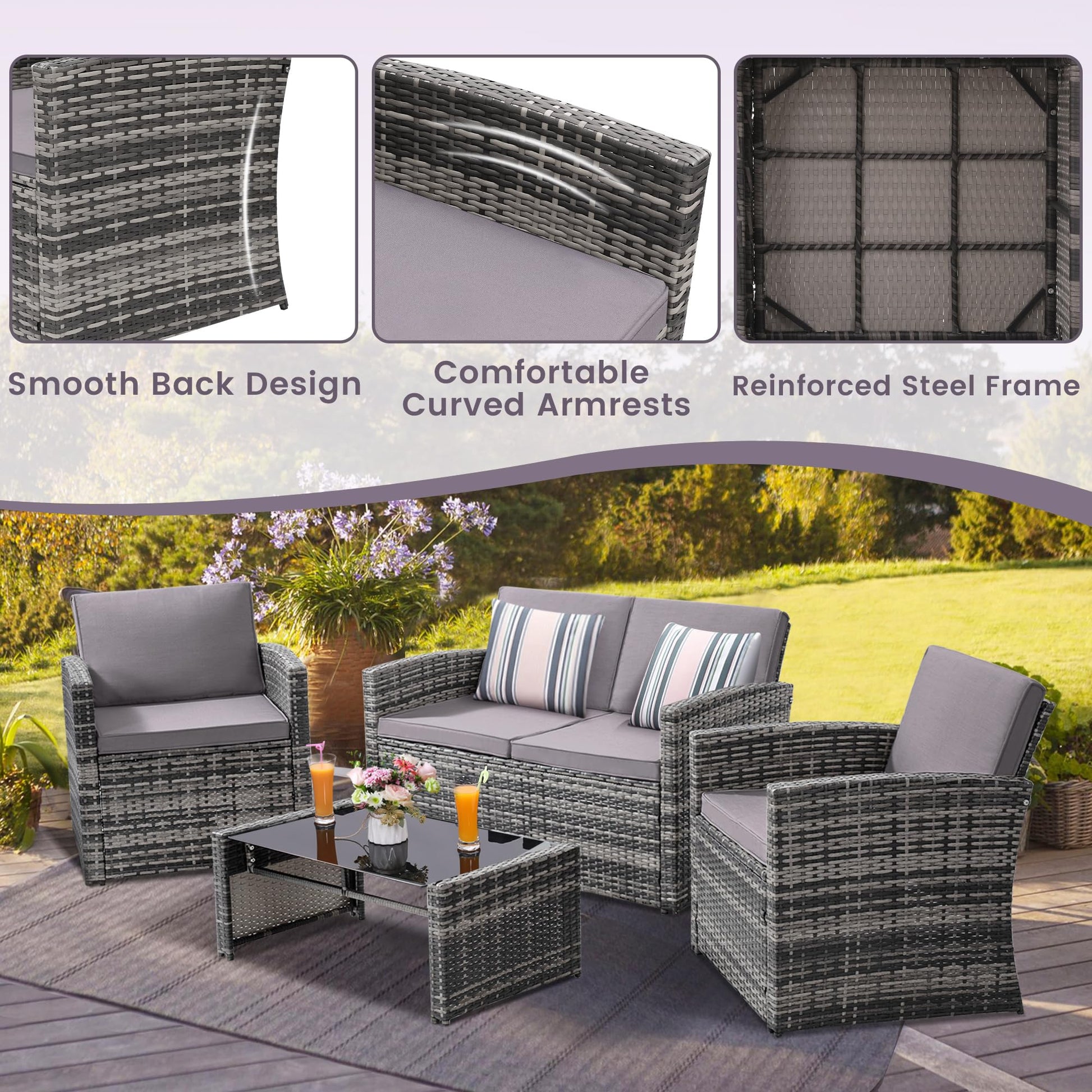 KROFEM 4 Pieces Patio Conversation Set, Outside Rattan Sectional Sofa, Cushioned Furniture Set, Wicker Sofa Ideal for Garden, Porch, Backyard, Grey Color Rattan and Light Grey Cushion - CookCave
