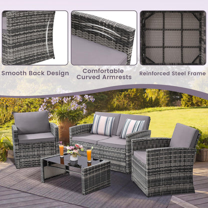 KROFEM 4 Pieces Patio Conversation Set, Outside Rattan Sectional Sofa, Cushioned Furniture Set, Wicker Sofa Ideal for Garden, Porch, Backyard, Grey Color Rattan and Light Grey Cushion - CookCave