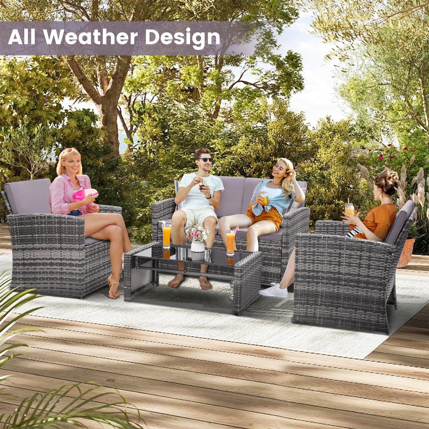 KROFEM 4 Pieces Patio Conversation Set, Outside Rattan Sectional Sofa, Cushioned Furniture Set, Wicker Sofa Ideal for Garden, Porch, Backyard, Grey Color Rattan and Light Grey Cushion - CookCave