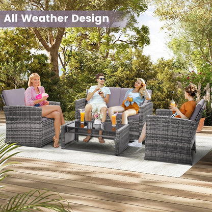 KROFEM 4 Pieces Patio Conversation Set, Outside Rattan Sectional Sofa, Cushioned Furniture Set, Wicker Sofa Ideal for Garden, Porch, Backyard, Grey Color Rattan and Light Grey Cushion - CookCave