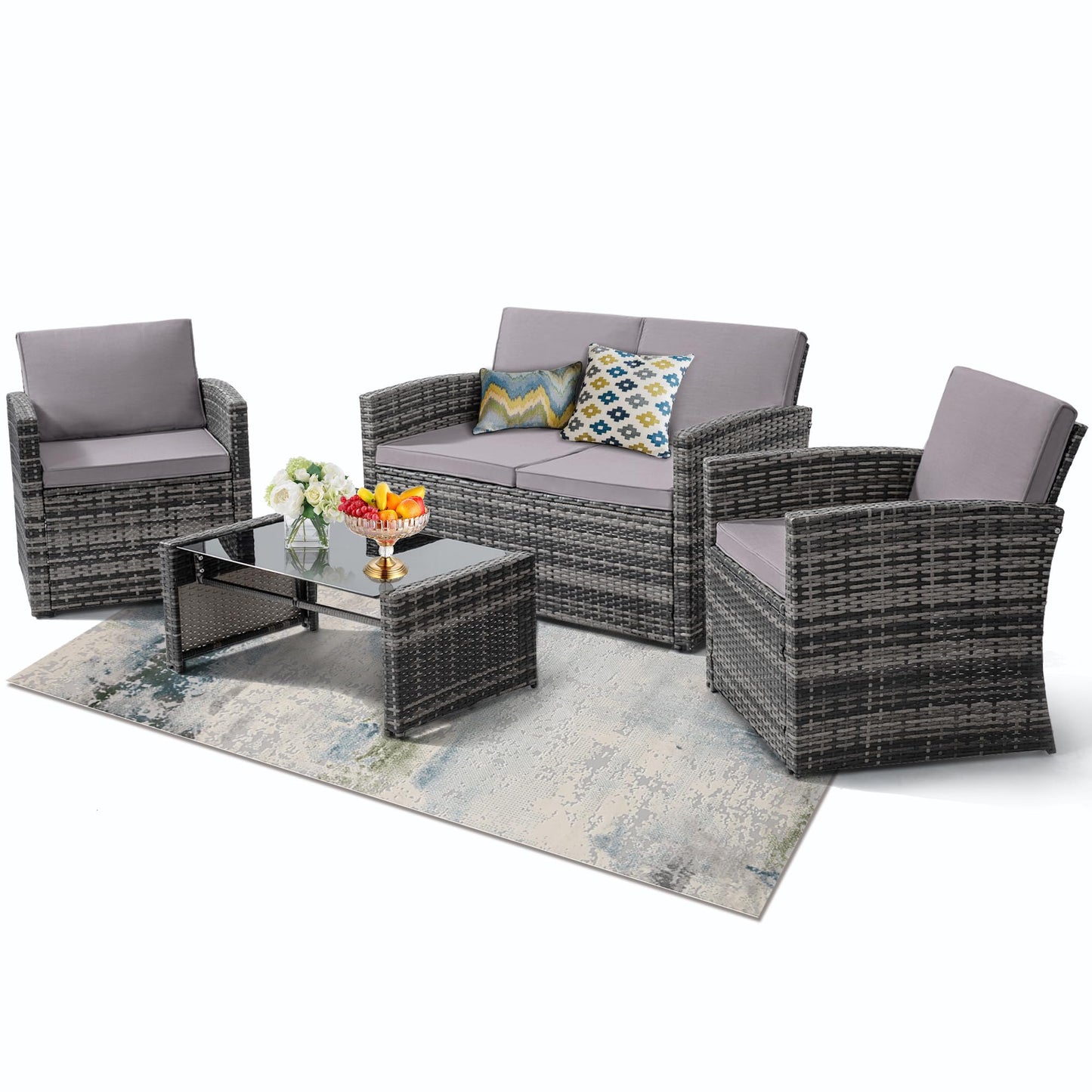 KROFEM 4 Pieces Patio Conversation Set, Outside Rattan Sectional Sofa, Cushioned Furniture Set, Wicker Sofa Ideal for Garden, Porch, Backyard, Grey Color Rattan and Light Grey Cushion - CookCave