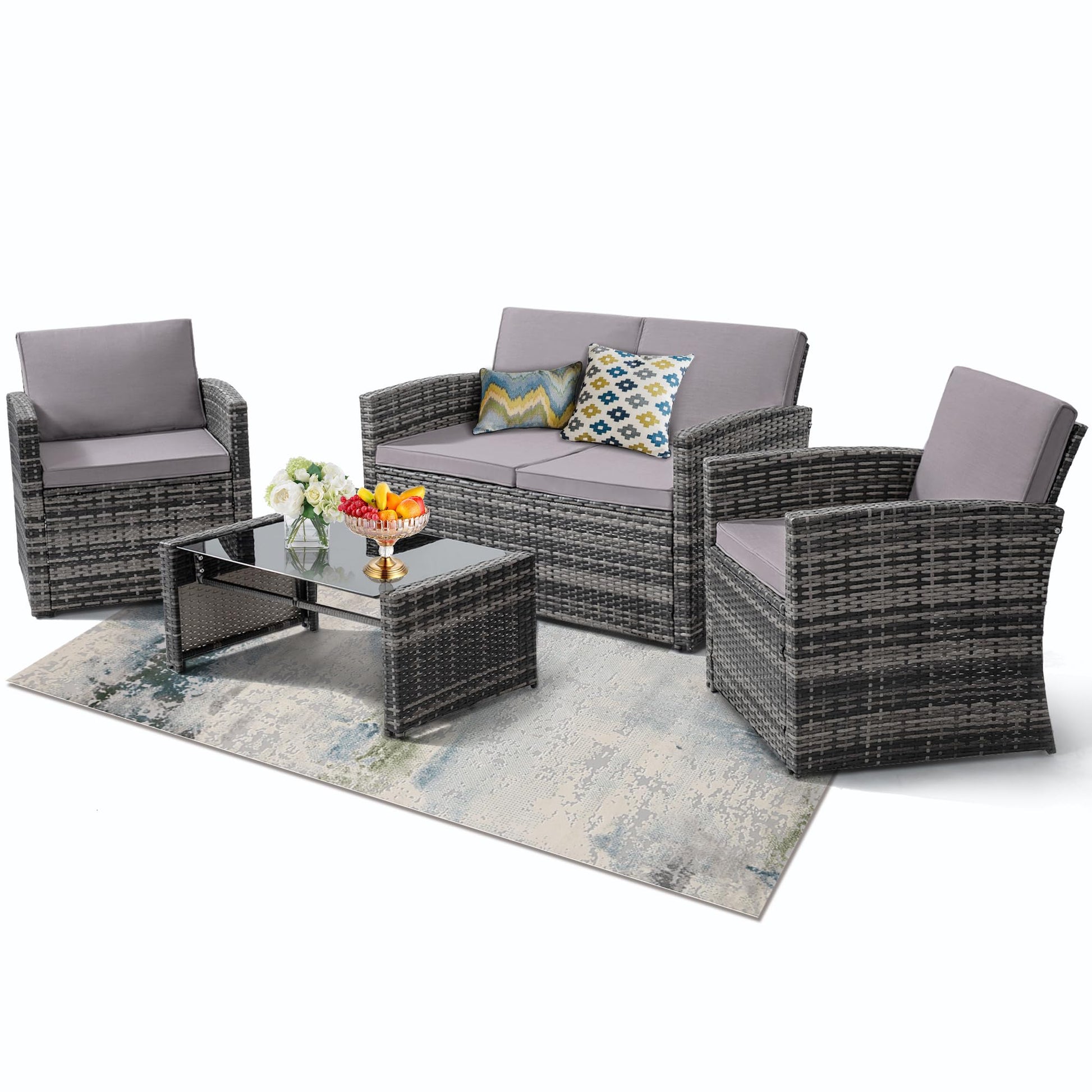 KROFEM 4 Pieces Patio Conversation Set, Outside Rattan Sectional Sofa, Cushioned Furniture Set, Wicker Sofa Ideal for Garden, Porch, Backyard, Grey Color Rattan and Light Grey Cushion - CookCave