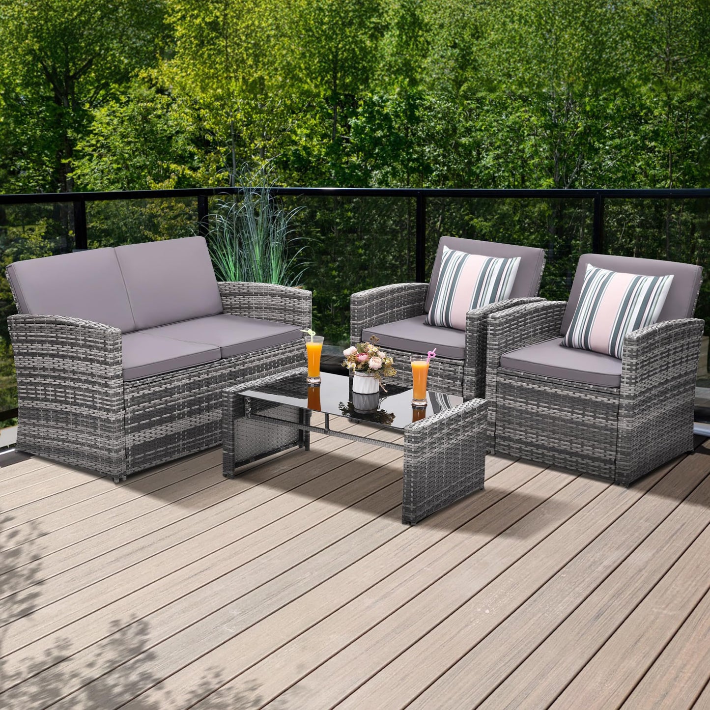 KROFEM 4 Pieces Patio Conversation Set, Outside Rattan Sectional Sofa, Cushioned Furniture Set, Wicker Sofa Ideal for Garden, Porch, Backyard, Grey Color Rattan and Light Grey Cushion - CookCave