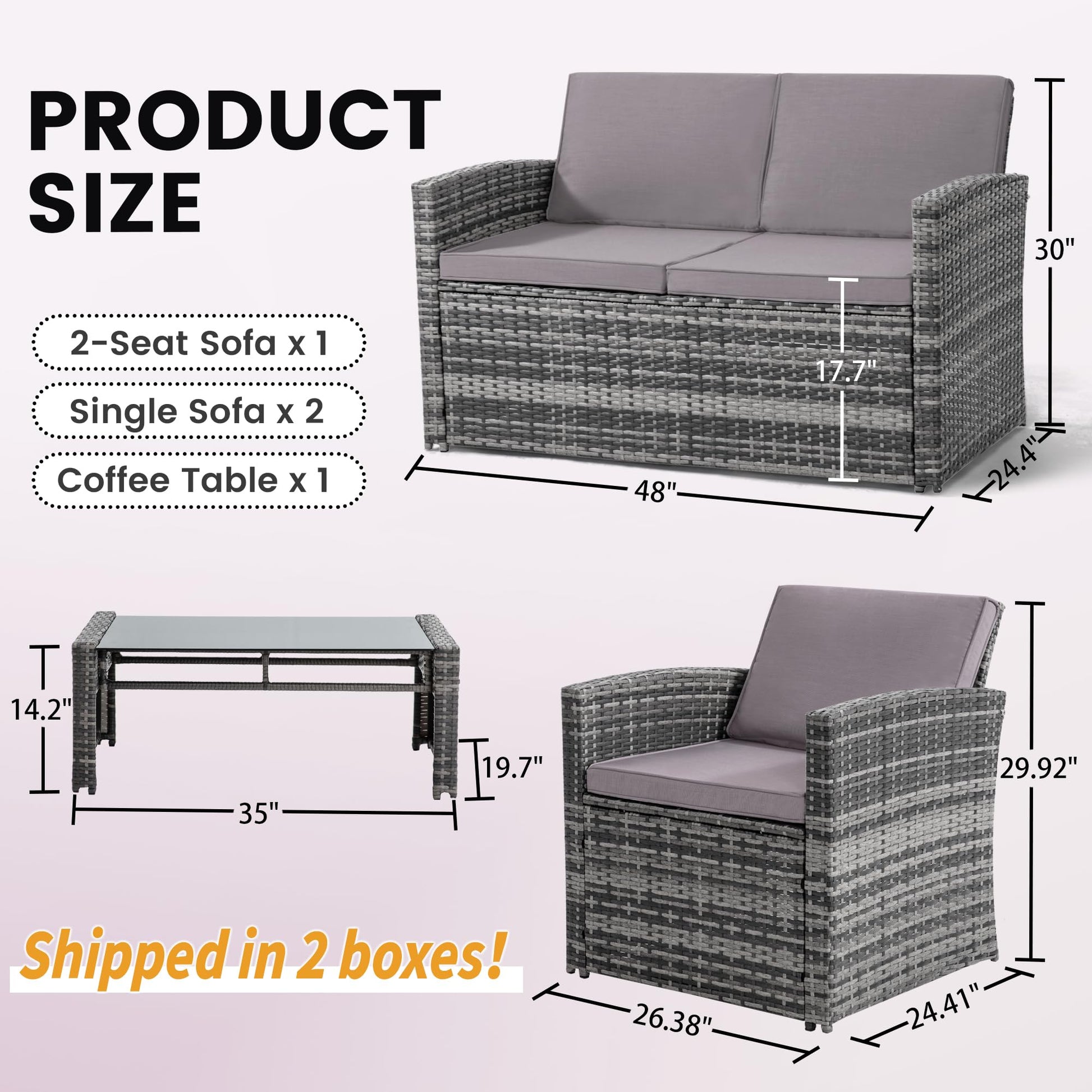 KROFEM 4 Pieces Patio Conversation Set, Outside Rattan Sectional Sofa, Cushioned Furniture Set, Wicker Sofa Ideal for Garden, Porch, Backyard, Grey Color Rattan and Light Grey Cushion - CookCave
