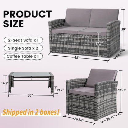 KROFEM 4 Pieces Patio Conversation Set, Outside Rattan Sectional Sofa, Cushioned Furniture Set, Wicker Sofa Ideal for Garden, Porch, Backyard, Grey Color Rattan and Light Grey Cushion - CookCave