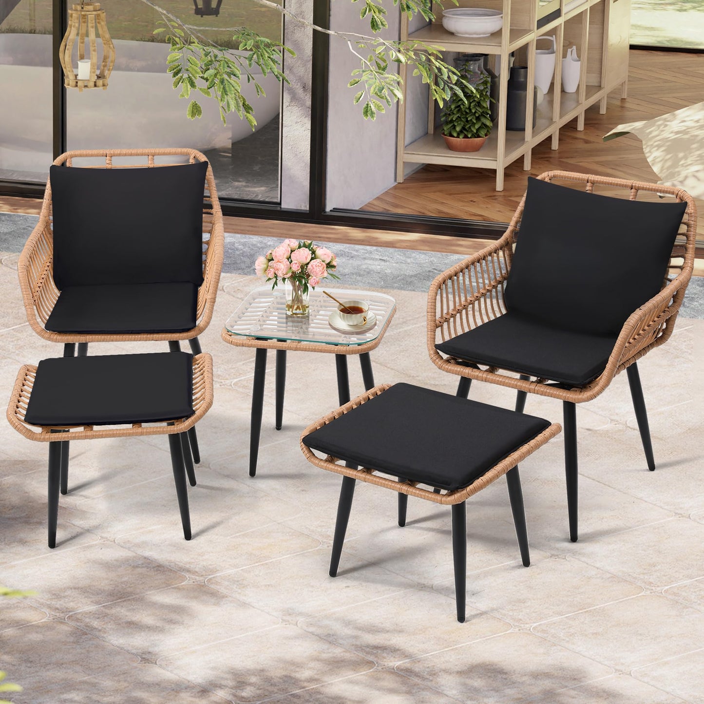 KROFEM 5 Piece Wicker Bistro Patio Conversation Furniture Set, Includes 2 Chairs, 2 Ottomans, and Side Table, Ideal for Porch, Balcony, Deck, Backyard, Natural - CookCave