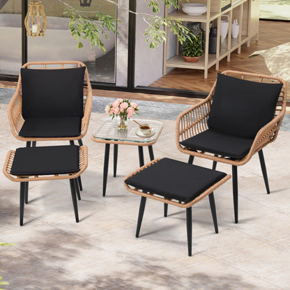 KROFEM 5 Piece Wicker Bistro Patio Conversation Furniture Set, Includes 2 Chairs, 2 Ottomans, and Side Table, Ideal for Porch, Balcony, Deck, Backyard, Natural - CookCave