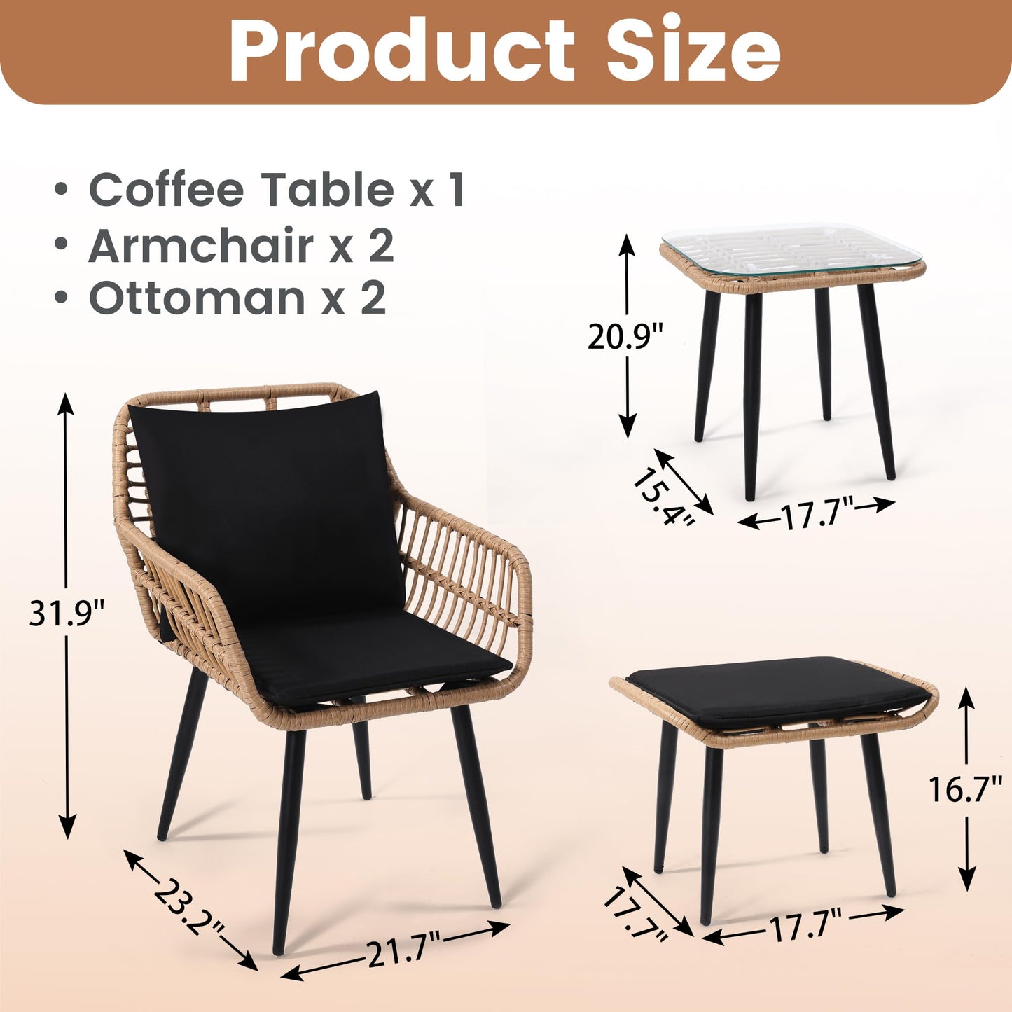 KROFEM 5 Piece Wicker Bistro Patio Conversation Furniture Set, Includes 2 Chairs, 2 Ottomans, and Side Table, Ideal for Porch, Balcony, Deck, Backyard, Natural - CookCave
