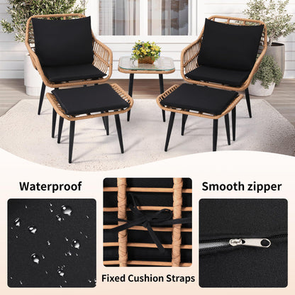KROFEM 5 Piece Wicker Bistro Patio Conversation Furniture Set, Includes 2 Chairs, 2 Ottomans, and Side Table, Ideal for Porch, Balcony, Deck, Backyard, Natural - CookCave