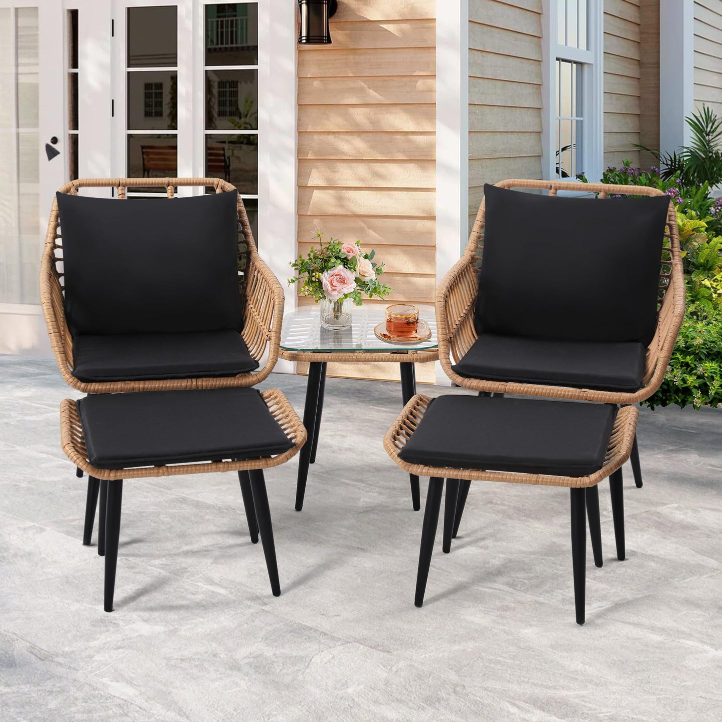 KROFEM 5 Piece Wicker Bistro Patio Conversation Furniture Set, Includes 2 Chairs, 2 Ottomans, and Side Table, Ideal for Porch, Balcony, Deck, Backyard, Natural - CookCave