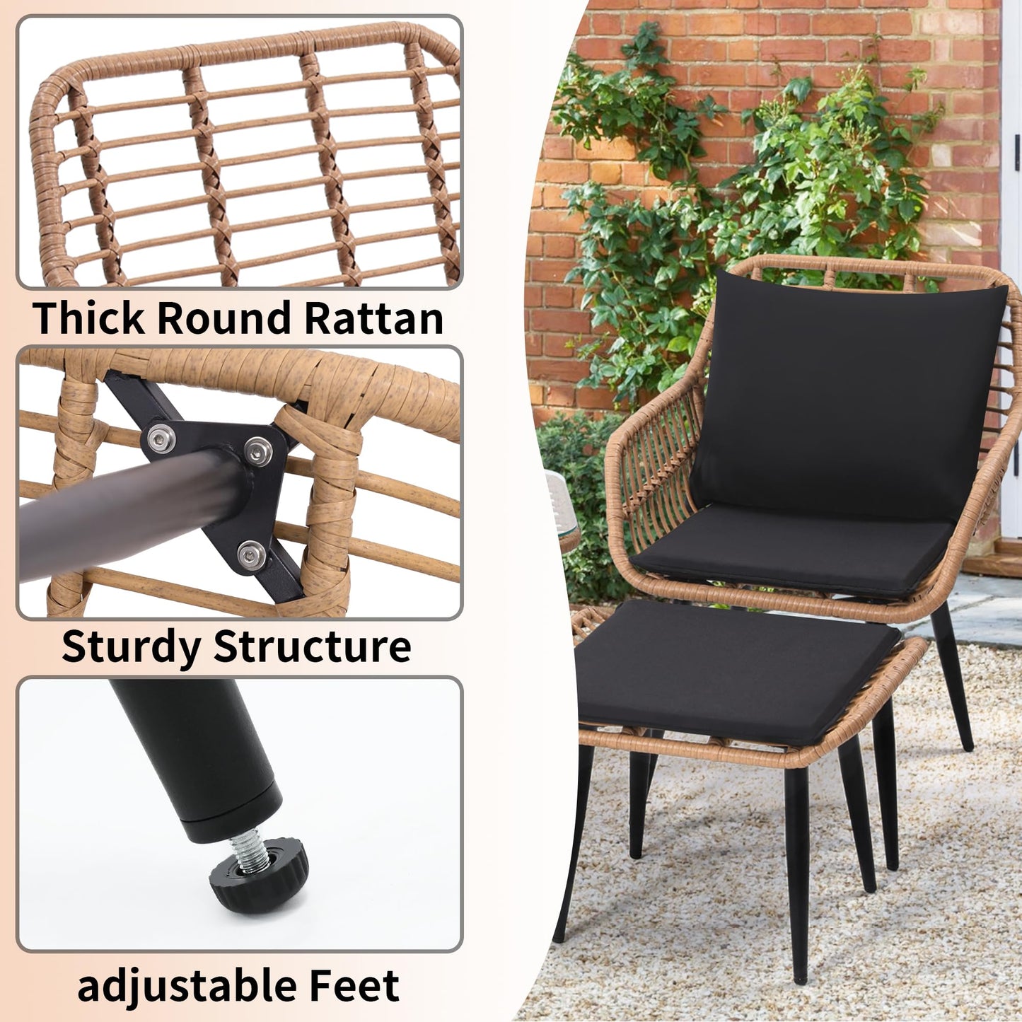 KROFEM 5 Piece Wicker Bistro Patio Conversation Furniture Set, Includes 2 Chairs, 2 Ottomans, and Side Table, Ideal for Porch, Balcony, Deck, Backyard, Natural - CookCave