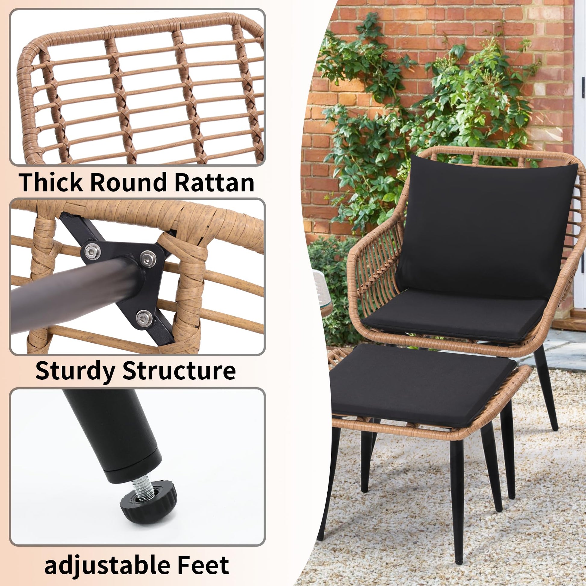 KROFEM 5 Piece Wicker Bistro Patio Conversation Furniture Set, Includes 2 Chairs, 2 Ottomans, and Side Table, Ideal for Porch, Balcony, Deck, Backyard, Natural - CookCave