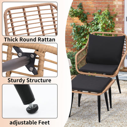 KROFEM 5 Piece Wicker Bistro Patio Conversation Furniture Set, Includes 2 Chairs, 2 Ottomans, and Side Table, Ideal for Porch, Balcony, Deck, Backyard, Natural - CookCave