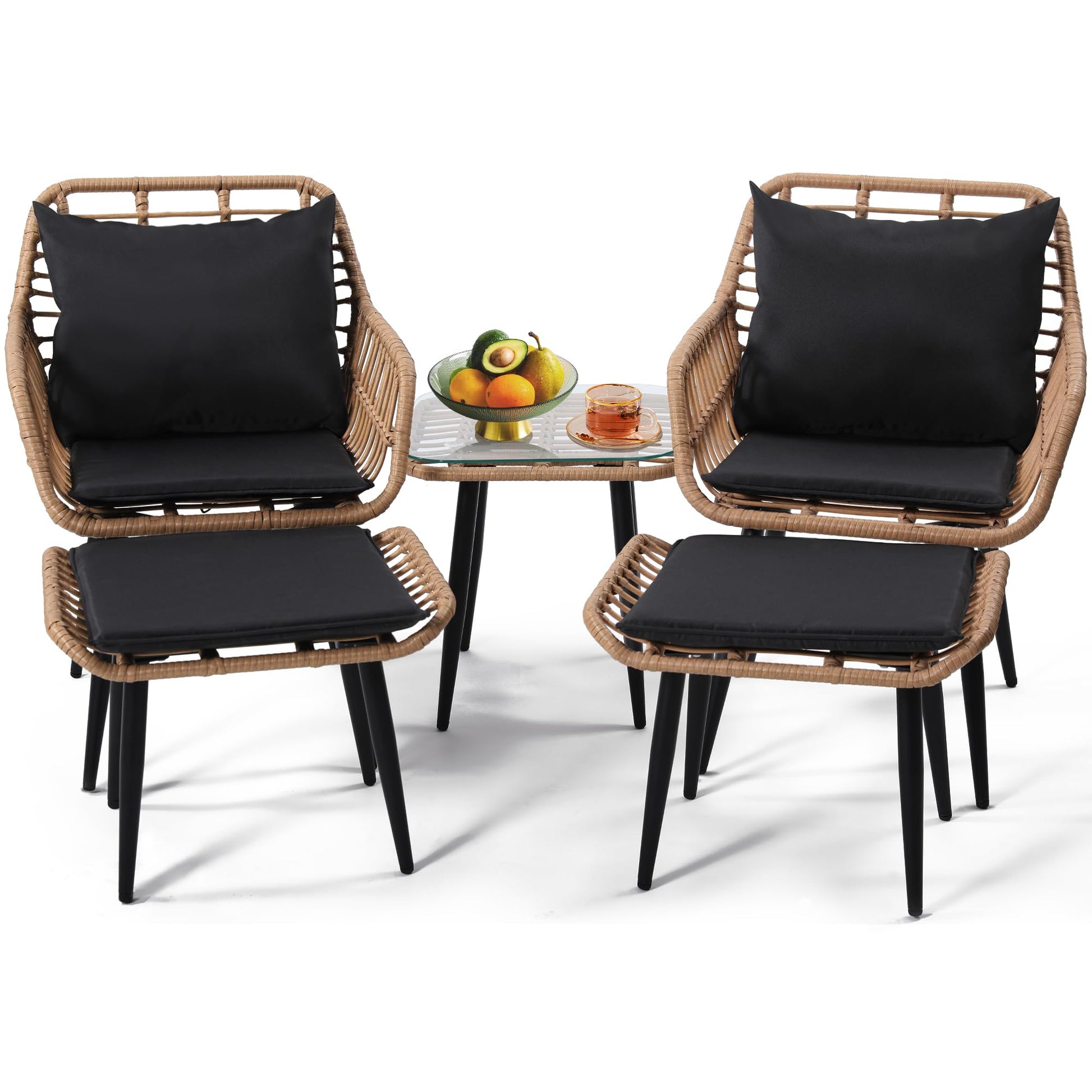 KROFEM 5 Piece Wicker Bistro Patio Conversation Furniture Set, Includes 2 Chairs, 2 Ottomans, and Side Table, Ideal for Porch, Balcony, Deck, Backyard, Natural - CookCave