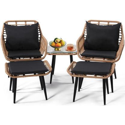 KROFEM 5 Piece Wicker Bistro Patio Conversation Furniture Set, Includes 2 Chairs, 2 Ottomans, and Side Table, Ideal for Porch, Balcony, Deck, Backyard, Natural - CookCave