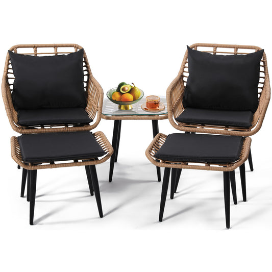 KROFEM 5 Piece Wicker Bistro Patio Conversation Furniture Set, Includes 2 Chairs, 2 Ottomans, and Side Table, Ideal for Porch, Balcony, Deck, Backyard, Natural - CookCave