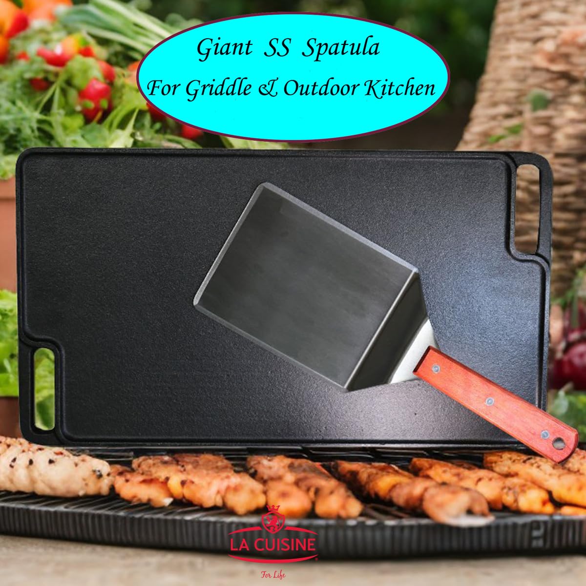 La Cuisine Extra-Wide Spatula Stainless Steel with Wooden Handle for BBQ Flat Top Griddle Blackstone Grill Pancake Smash Burger Tool Hamburger Turner, Heavy-duty 5x6” Stainless Steel, 1 Pound Weight - CookCave
