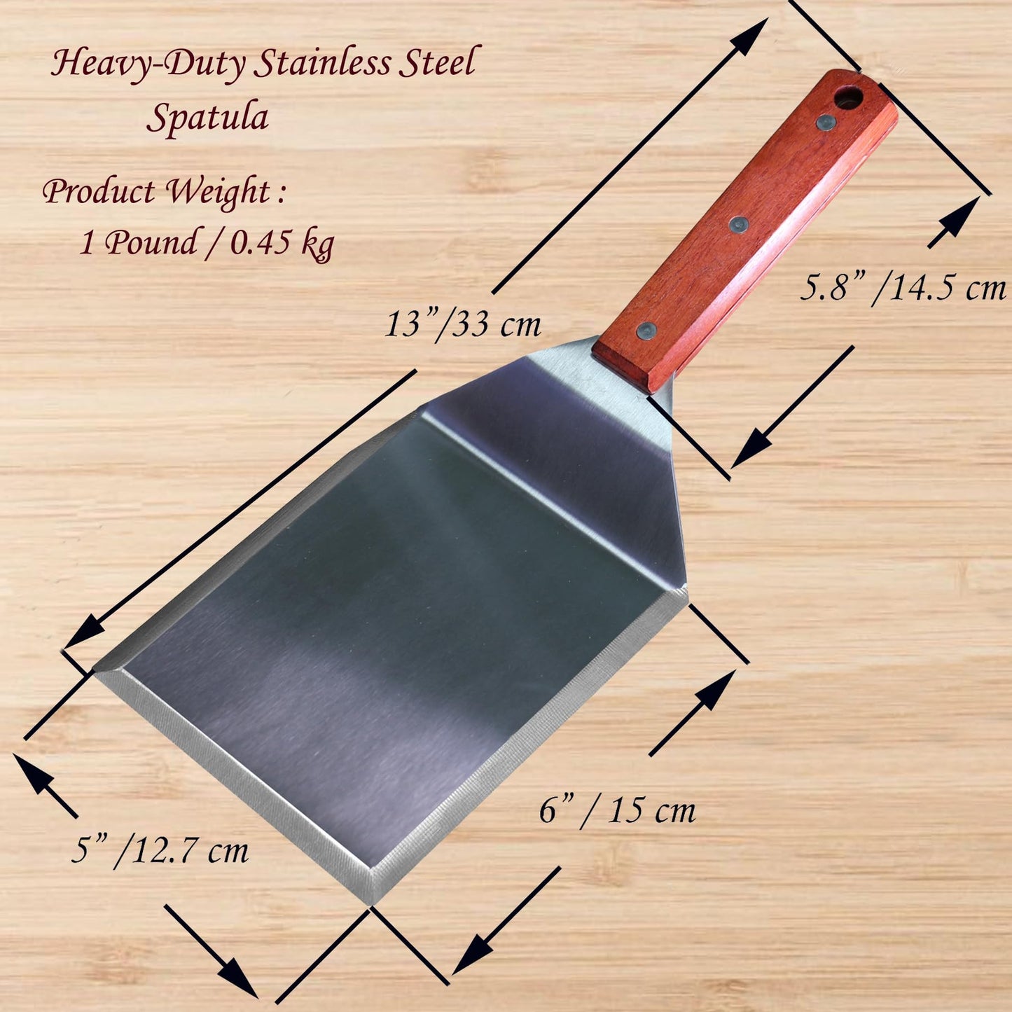 La Cuisine Extra-Wide Spatula Stainless Steel with Wooden Handle for BBQ Flat Top Griddle Blackstone Grill Pancake Smash Burger Tool Hamburger Turner, Heavy-duty 5x6” Stainless Steel, 1 Pound Weight - CookCave