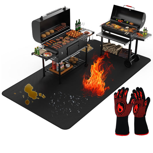 Large 60 x 40 inches Under Grill Mats for Outdoor Grill with BBQ Gloves, Double-Sided Fireproof Grill Pad Mat, Indoor Fireplace/Fire Pit Mat, Waterproof Oil-Proof Protector for Decks and Patios - CookCave