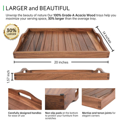 Large Acacia Wooden Serving Tray with Handles 20x14inch Coffee Table Ottoman Tray for Living Room, Extra Large Wood Serving Tray for Dinner Eating Food Breakfast Decor, TV Bed Tray(Gift Wrap, Natural) - CookCave