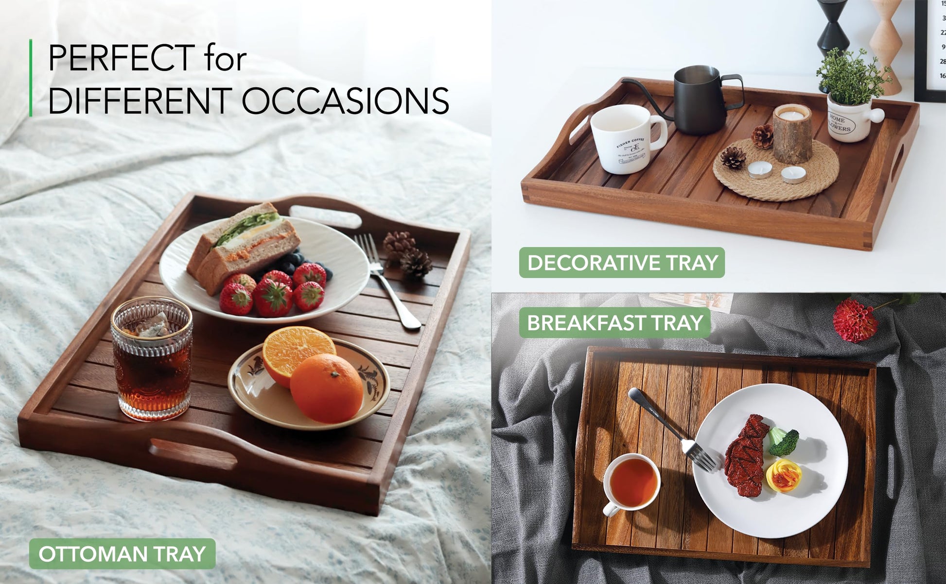 Large Acacia Wooden Serving Tray with Handles 20x14inch Coffee Table Ottoman Tray for Living Room, Extra Large Wood Serving Tray for Dinner Eating Food Breakfast Decor, TV Bed Tray(Gift Wrap, Natural) - CookCave