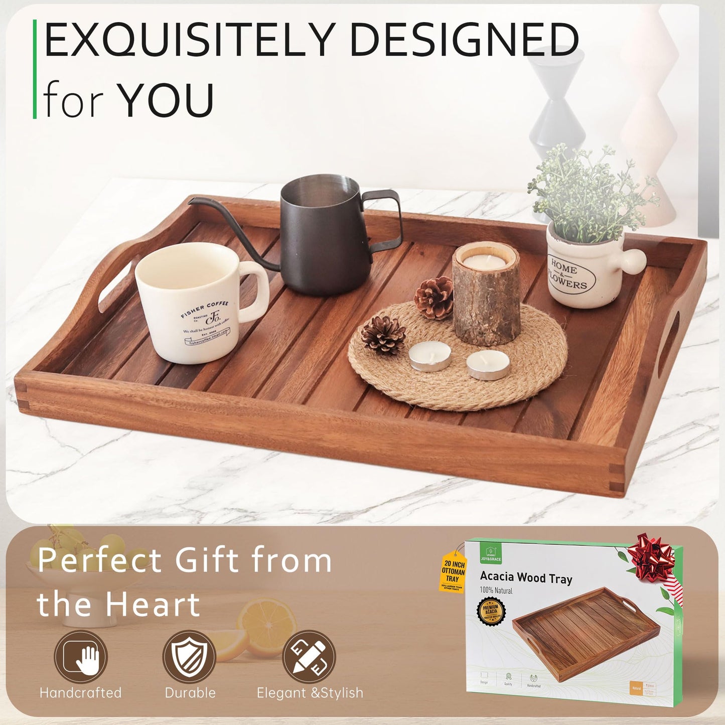 Large Acacia Wooden Serving Tray with Handles 20x14inch Coffee Table Ottoman Tray for Living Room, Extra Large Wood Serving Tray for Dinner Eating Food Breakfast Decor, TV Bed Tray(Gift Wrap, Natural) - CookCave