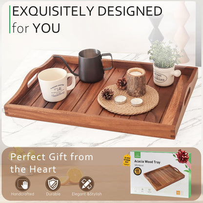Large Acacia Wooden Serving Tray with Handles 20x14inch Coffee Table Ottoman Tray for Living Room, Extra Large Wood Serving Tray for Dinner Eating Food Breakfast Decor, TV Bed Tray(Gift Wrap, Natural) - CookCave