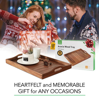 Large Acacia Wooden Serving Tray with Handles 20x14inch Coffee Table Ottoman Tray for Living Room, Extra Large Wood Serving Tray for Dinner Eating Food Breakfast Decor, TV Bed Tray(Gift Wrap, Natural) - CookCave