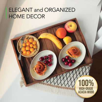Large Acacia Wooden Serving Tray with Handles 20x14inch Coffee Table Ottoman Tray for Living Room, Extra Large Wood Serving Tray for Dinner Eating Food Breakfast Decor, TV Bed Tray(Gift Wrap, Natural) - CookCave