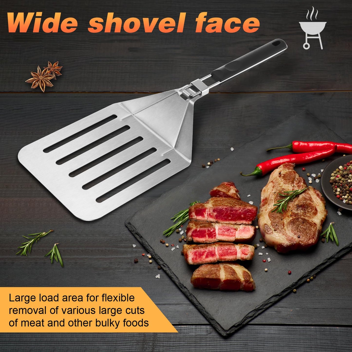 Large Metal Spatula, Extra Large Stainless Steel Spatula 22 x 7.9 Inch, Heavy Duty BBQ Meat Turner with Foldable Handle, Oversized Turner for Lifting Whole Ribs, Brisket & Pork - CookCave