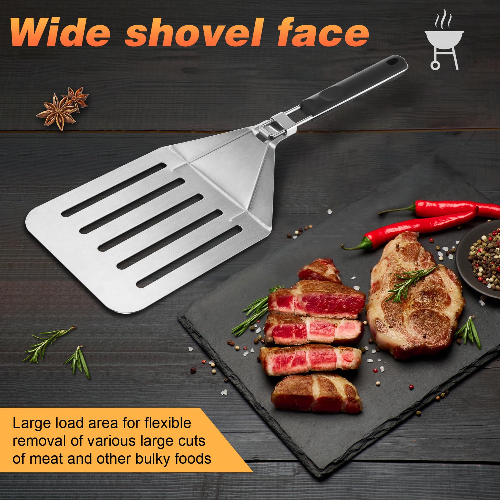 Large Metal Spatula, Extra Large Stainless Steel Spatula 22 x 7.9 Inch, Heavy Duty BBQ Meat Turner with Foldable Handle, Oversized Turner for Lifting Whole Ribs, Brisket & Pork - CookCave