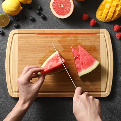 Large Wooden Cutting Board for Kitchen Meal Prep & Serving - Bamboo Cutting Boards with Juice Groove Side Handles, Charcuterie & Chopping Butcher Block - 100% Organic Bamboo, Pre Oiled, 16" x 10" - CookCave