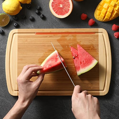 Large Wooden Cutting Board for Kitchen Meal Prep & Serving - Bamboo Cutting Boards with Juice Groove Side Handles, Charcuterie & Chopping Butcher Block - 100% Organic Bamboo, Pre Oiled, 16" x 10" - CookCave