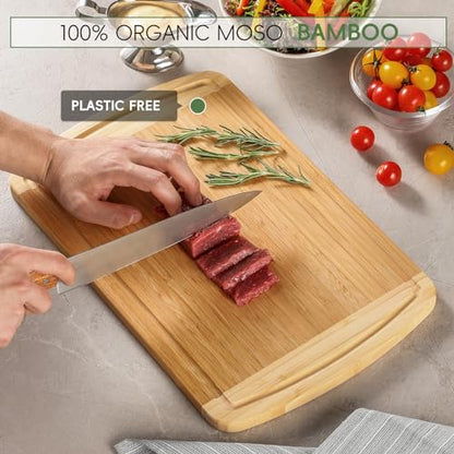 Large Wooden Cutting Board for Kitchen Meal Prep & Serving - Bamboo Cutting Boards with Juice Groove Side Handles, Charcuterie & Chopping Butcher Block - 100% Organic Bamboo, Pre Oiled, 16" x 10" - CookCave
