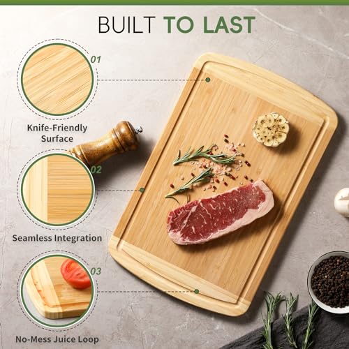 Large Wooden Cutting Board for Kitchen Meal Prep & Serving - Bamboo Cutting Boards with Juice Groove Side Handles, Charcuterie & Chopping Butcher Block - 100% Organic Bamboo, Pre Oiled, 16" x 10" - CookCave