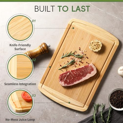 Large Wooden Cutting Board for Kitchen Meal Prep & Serving - Bamboo Cutting Boards with Juice Groove Side Handles, Charcuterie & Chopping Butcher Block - 100% Organic Bamboo, Pre Oiled, 16" x 10" - CookCave
